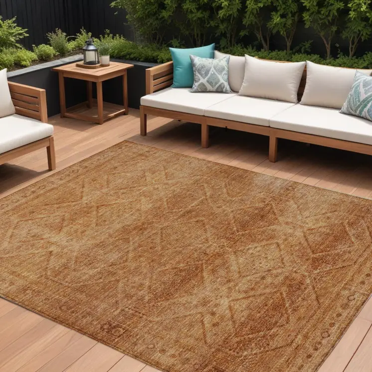 9' X 12' Copper And Ivory Geometric Washable Indoor Outdoor Area Rug