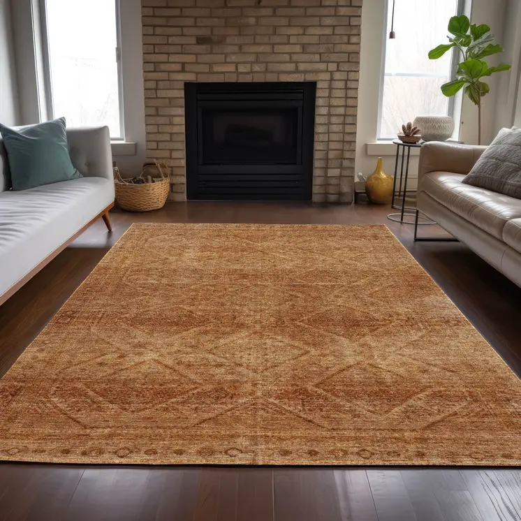 10' X 14' Copper And Ivory Geometric Washable Indoor Outdoor Area Rug