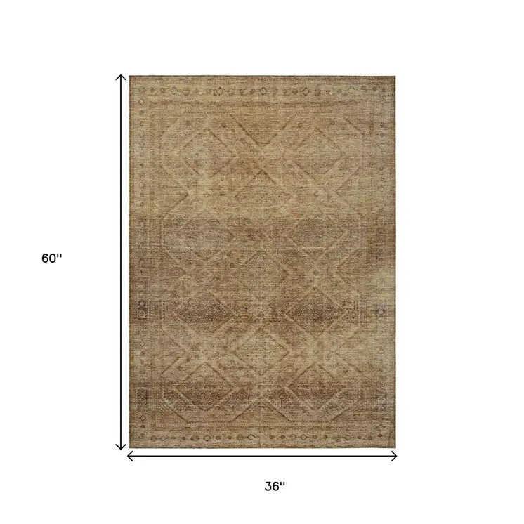 3' X 5' Khaki And Beige Geometric Washable Indoor Outdoor Area Rug