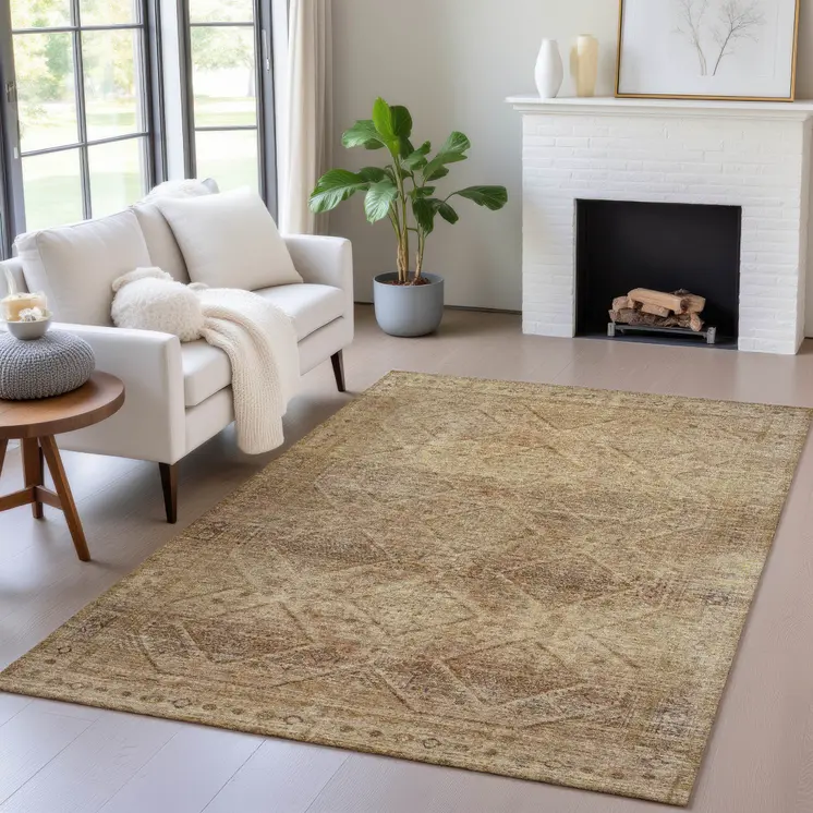 3' X 5' Khaki And Beige Geometric Washable Indoor Outdoor Area Rug