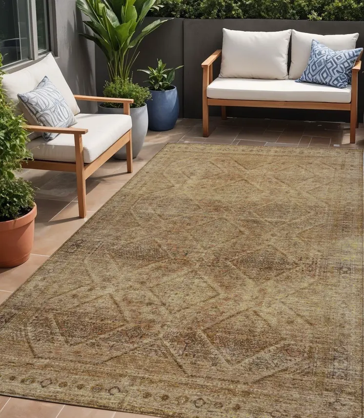5' X 8' Khaki And Beige Geometric Washable Indoor Outdoor Area Rug