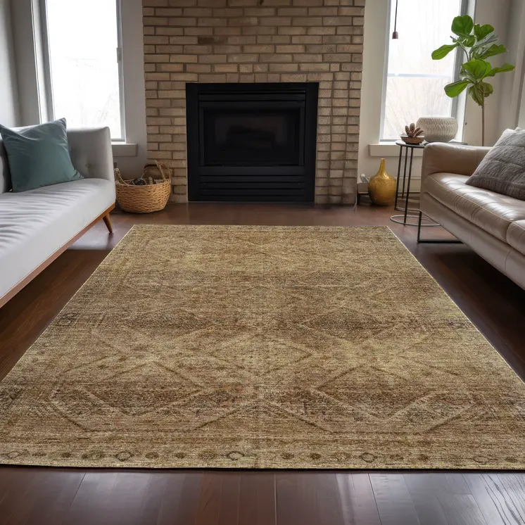 5' X 8' Khaki And Beige Geometric Washable Indoor Outdoor Area Rug
