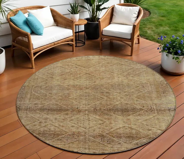 8' Khaki And Beige Round Geometric Washable Indoor Outdoor Area Rug