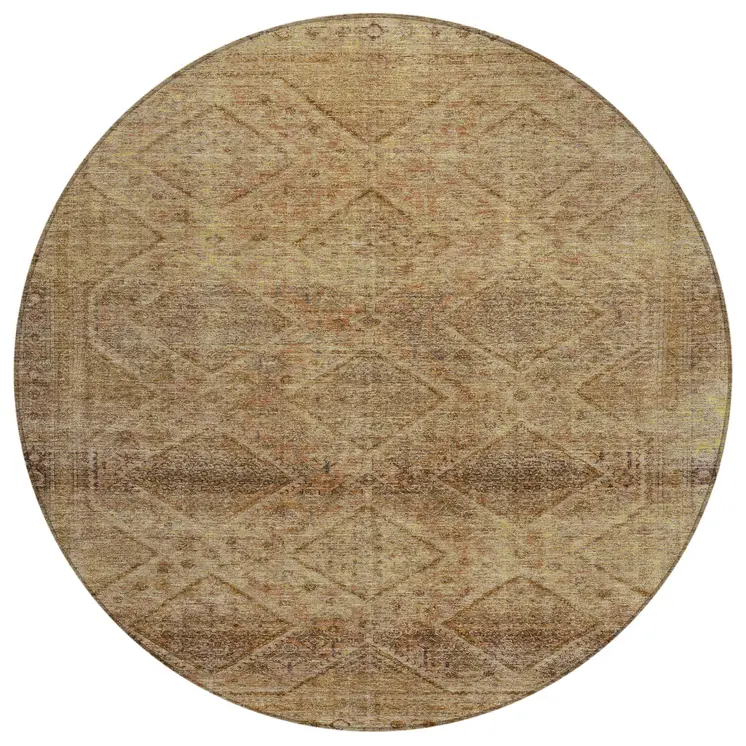 8' Khaki And Beige Round Geometric Washable Indoor Outdoor Area Rug