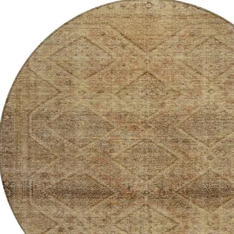 8' Khaki And Beige Round Geometric Washable Indoor Outdoor Area Rug