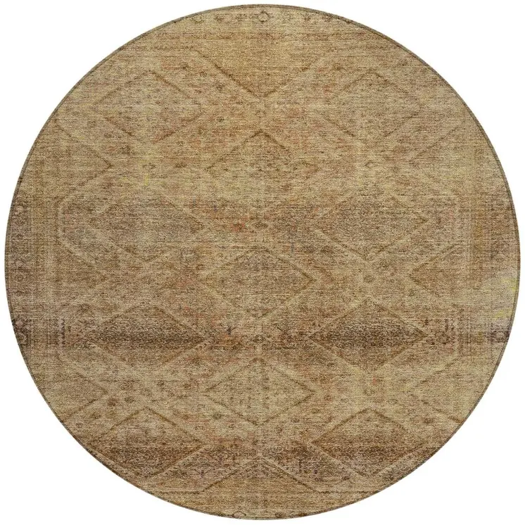 8' Khaki And Beige Round Geometric Washable Indoor Outdoor Area Rug