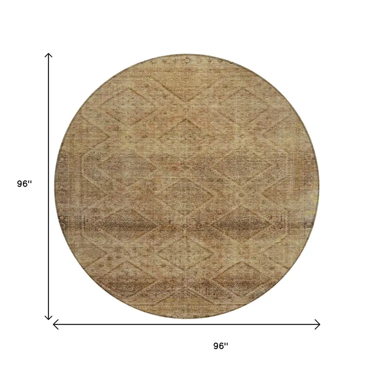 8' Khaki And Beige Round Geometric Washable Indoor Outdoor Area Rug