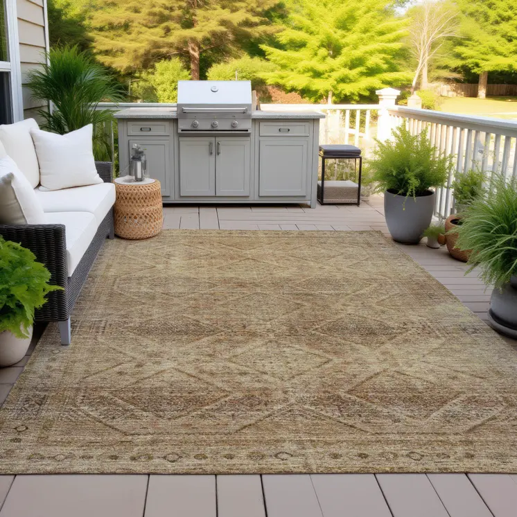 8' X 10' Khaki And Beige Geometric Washable Indoor Outdoor Area Rug