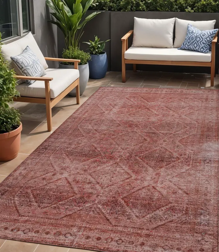 5' X 8' Pink And Ivory Geometric Washable Indoor Outdoor Area Rug