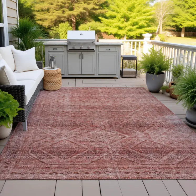 5' X 8' Pink And Ivory Geometric Washable Indoor Outdoor Area Rug