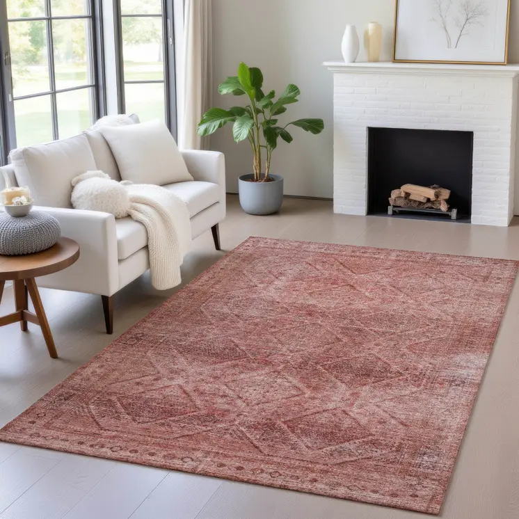 5' X 8' Pink And Ivory Geometric Washable Indoor Outdoor Area Rug