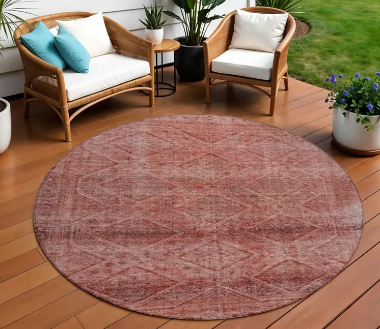 8' Pink And Ivory Round Geometric Washable Indoor Outdoor Area Rug