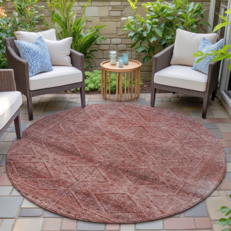 8' Pink And Ivory Round Geometric Washable Indoor Outdoor Area Rug