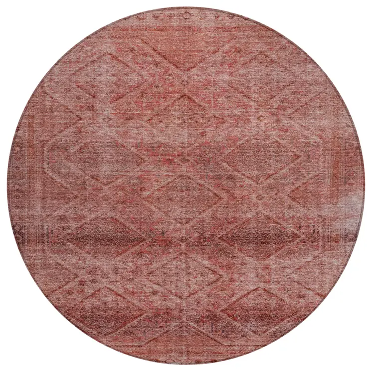 8' Pink And Ivory Round Geometric Washable Indoor Outdoor Area Rug