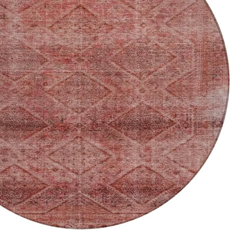 8' Pink And Ivory Round Geometric Washable Indoor Outdoor Area Rug