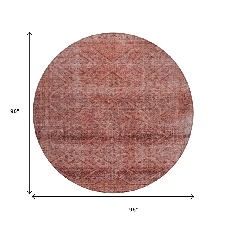 8' Pink And Ivory Round Geometric Washable Indoor Outdoor Area Rug