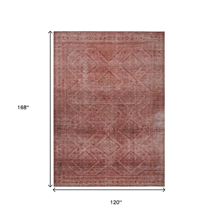 10' X 14' Pink And Ivory Geometric Washable Indoor Outdoor Area Rug