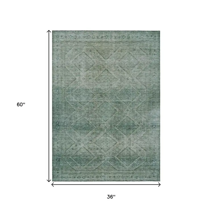 3' X 5' Teal Blue And Ivory Geometric Washable Indoor Outdoor Area Rug