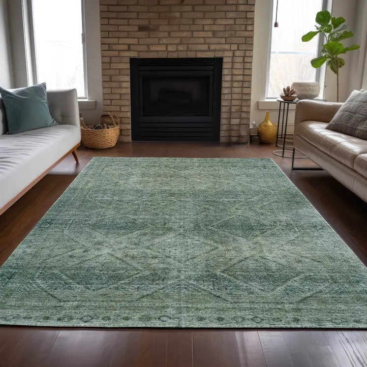 3' X 5' Teal Blue And Ivory Geometric Washable Indoor Outdoor Area Rug
