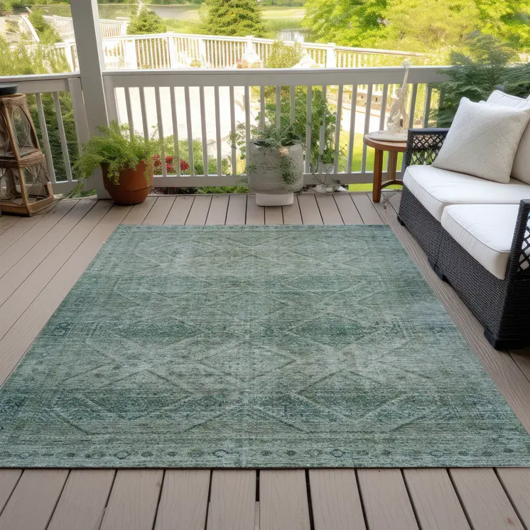 3' X 5' Teal Blue And Ivory Geometric Washable Indoor Outdoor Area Rug