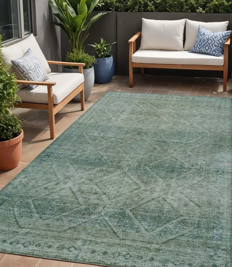 5' X 8' Teal Blue And Ivory Geometric Washable Indoor Outdoor Area Rug