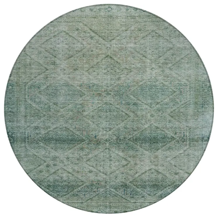 8' Teal Blue And Ivory Round Geometric Washable Indoor Outdoor Area Rug