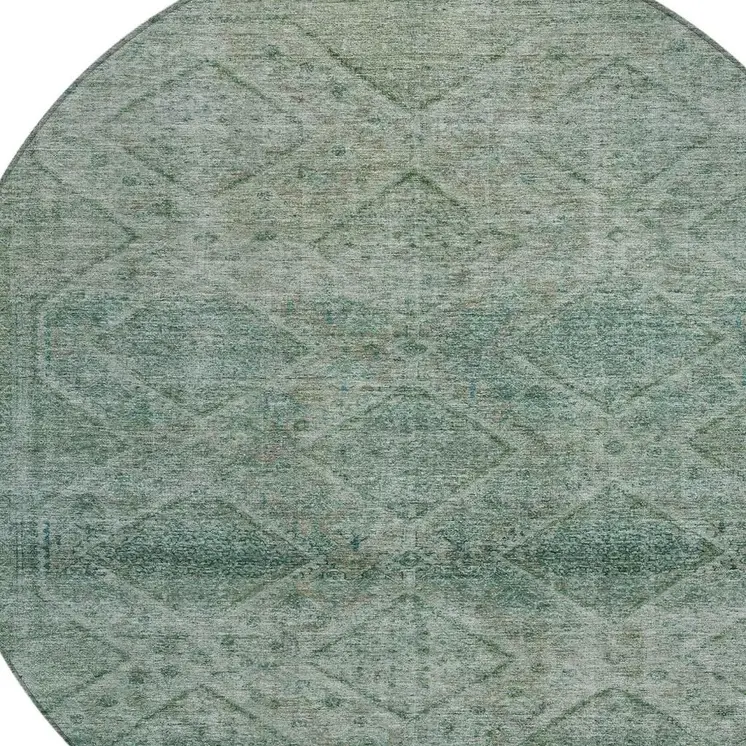 8' Teal Blue And Ivory Round Geometric Washable Indoor Outdoor Area Rug