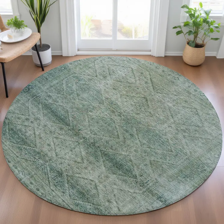 8' Teal Blue And Ivory Round Geometric Washable Indoor Outdoor Area Rug