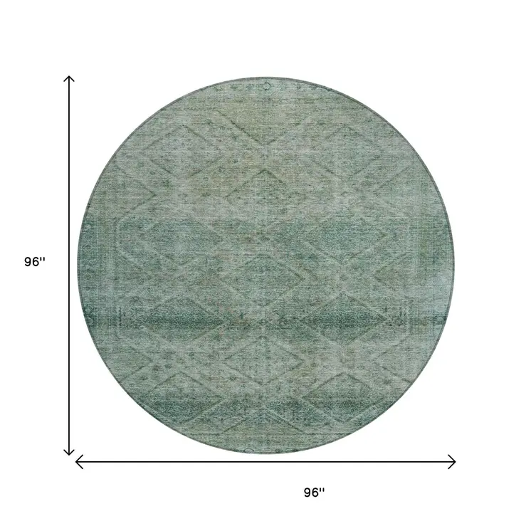 8' Teal Blue And Ivory Round Geometric Washable Indoor Outdoor Area Rug