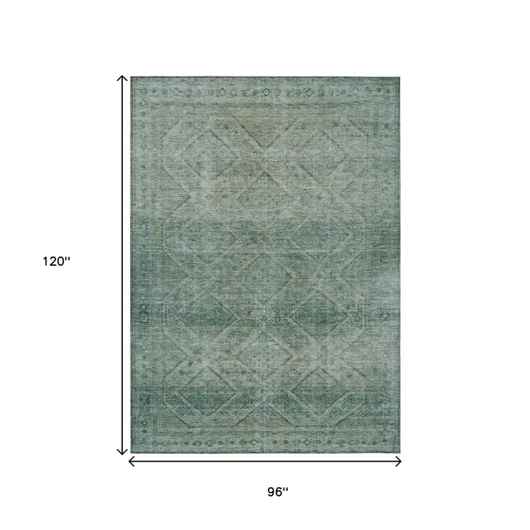 8' X 10' Teal Blue And Ivory Geometric Washable Indoor Outdoor Area Rug