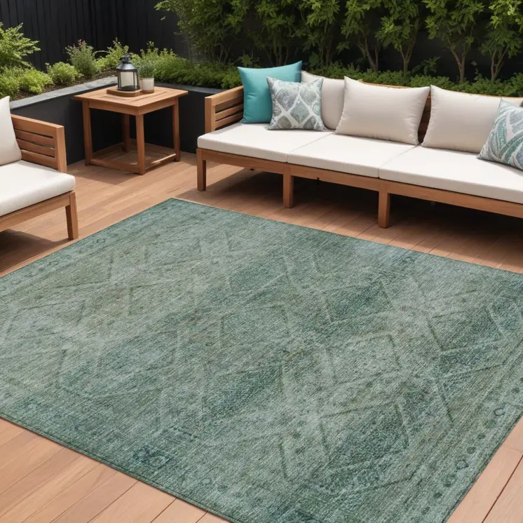 10' X 14' Teal Blue And Ivory Geometric Washable Indoor Outdoor Area Rug