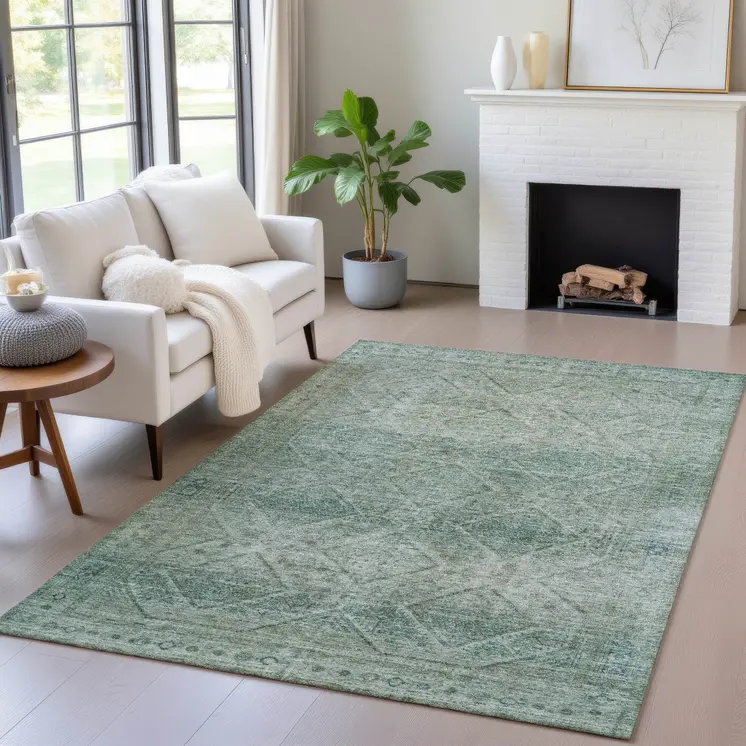 10' X 14' Teal Blue And Ivory Geometric Washable Indoor Outdoor Area Rug