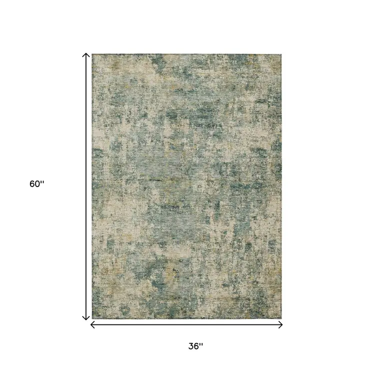3' X 5' Artichoke Green And Teal Blue Abstract Washable Indoor Outdoor Area Rug