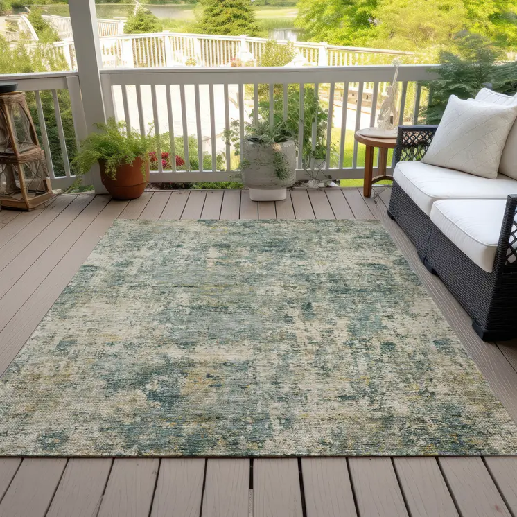 3' X 5' Artichoke Green And Teal Blue Abstract Washable Indoor Outdoor Area Rug