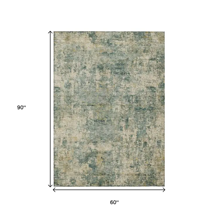 5' X 8' Artichoke Green And Teal Blue Abstract Washable Indoor Outdoor Area Rug