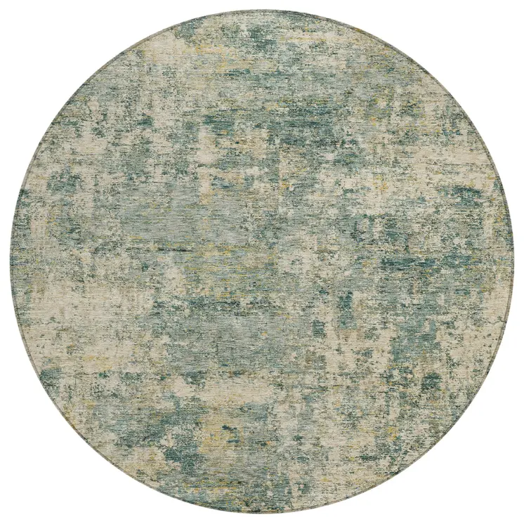 8' Artichoke Green And Teal Blue Round Abstract Washable Indoor Outdoor Area Rug