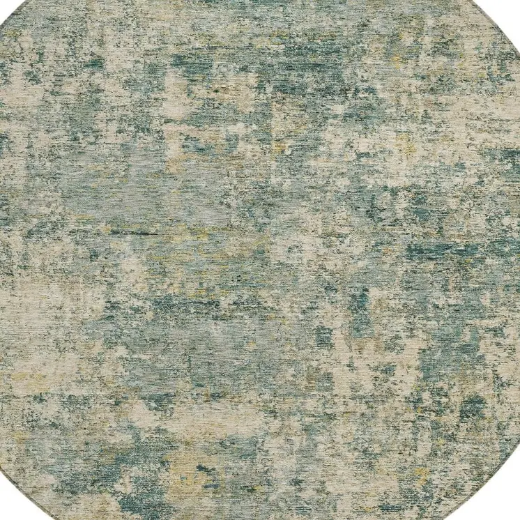 8' Artichoke Green And Teal Blue Round Abstract Washable Indoor Outdoor Area Rug