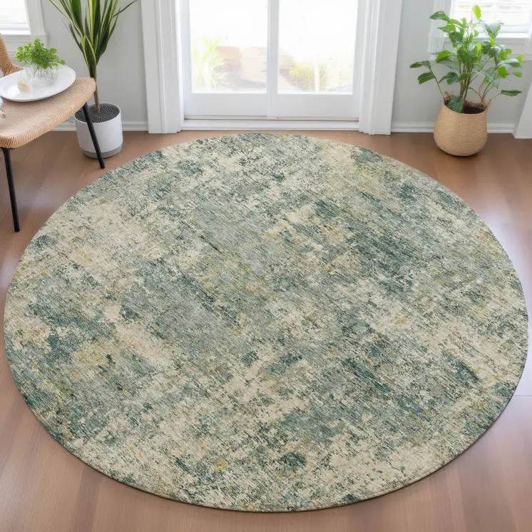8' Artichoke Green And Teal Blue Round Abstract Washable Indoor Outdoor Area Rug