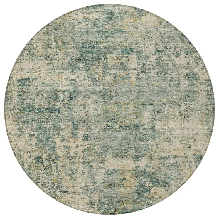 8' Artichoke Green And Teal Blue Round Abstract Washable Indoor Outdoor Area Rug