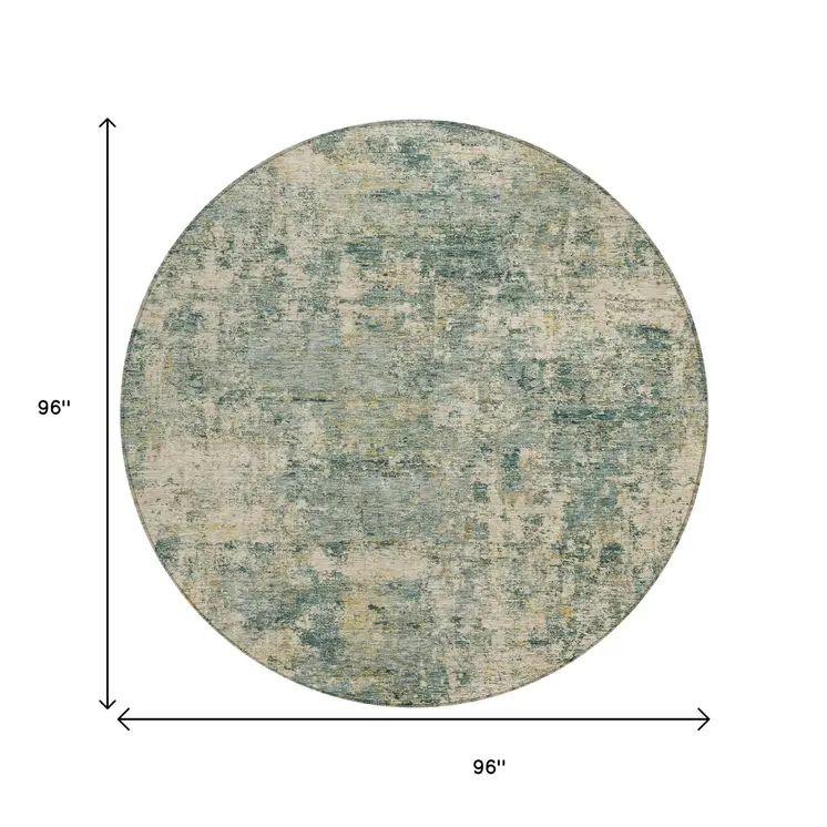 8' Artichoke Green And Teal Blue Round Abstract Washable Indoor Outdoor Area Rug