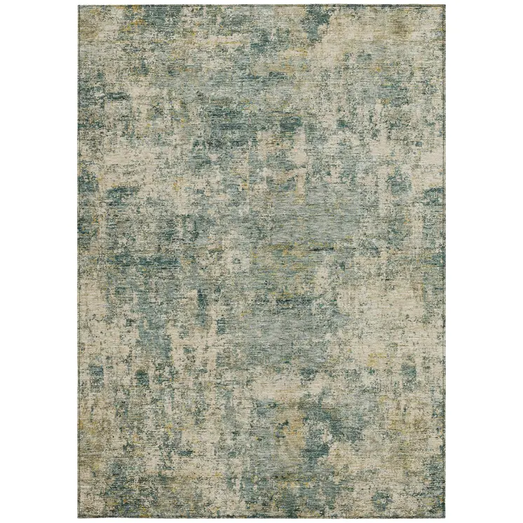 9' X 12' Artichoke Green And Teal Blue Abstract Washable Indoor Outdoor Area Rug