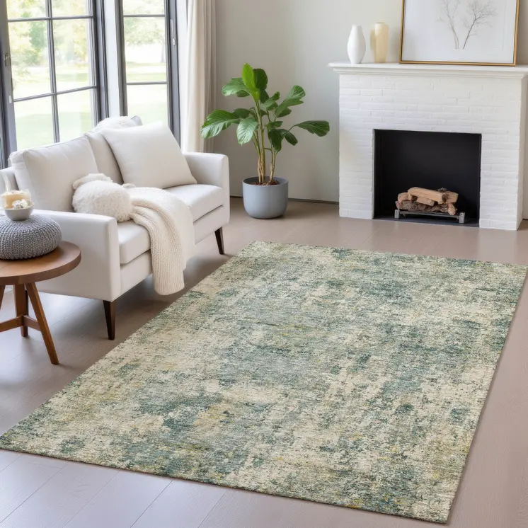 9' X 12' Artichoke Green And Teal Blue Abstract Washable Indoor Outdoor Area Rug