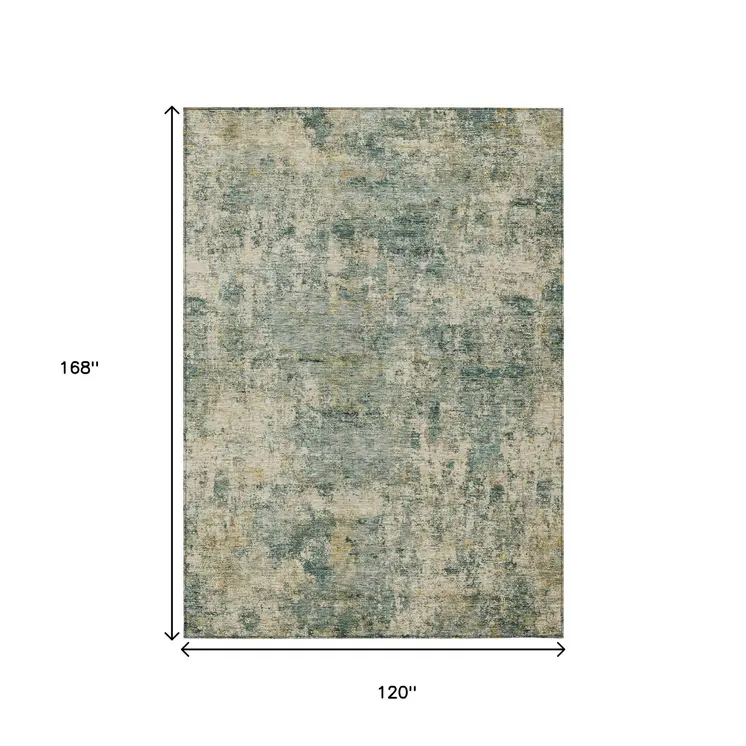10' X 14' Artichoke Green And Teal Blue Abstract Washable Indoor Outdoor Area Rug