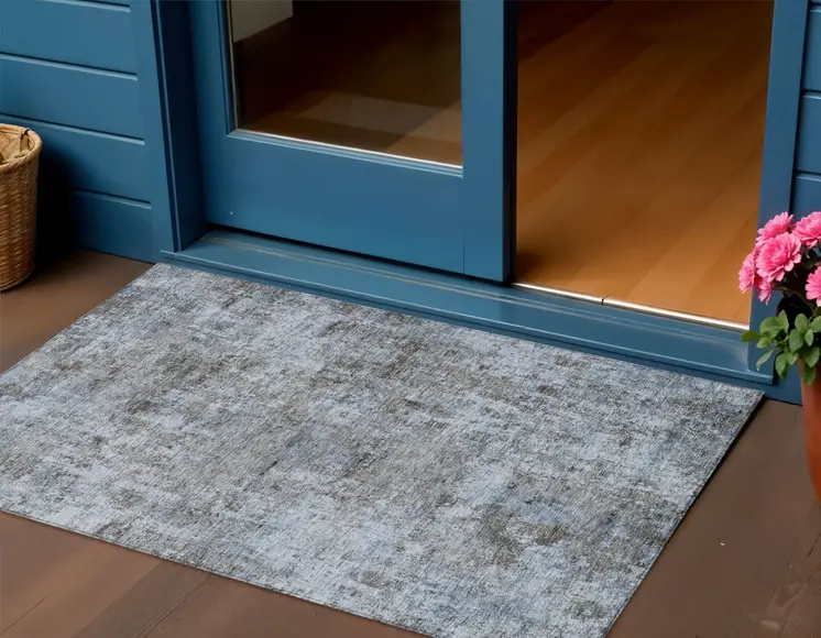3' X 5' Blue And Taupe Abstract Washable Indoor Outdoor Area Rug