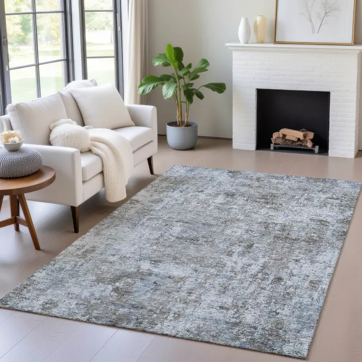 3' X 5' Blue And Taupe Abstract Washable Indoor Outdoor Area Rug