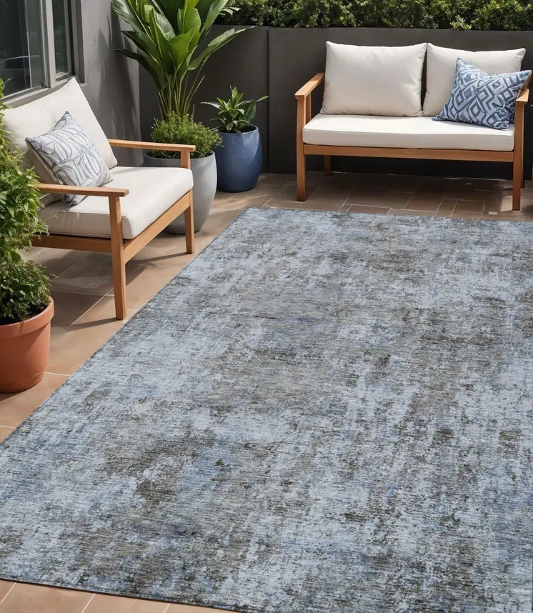 5' X 8' Blue And Taupe Abstract Washable Indoor Outdoor Area Rug