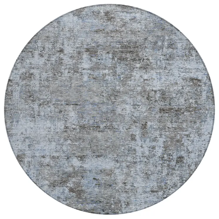 8' Blue And Taupe Round Abstract Washable Indoor Outdoor Area Rug