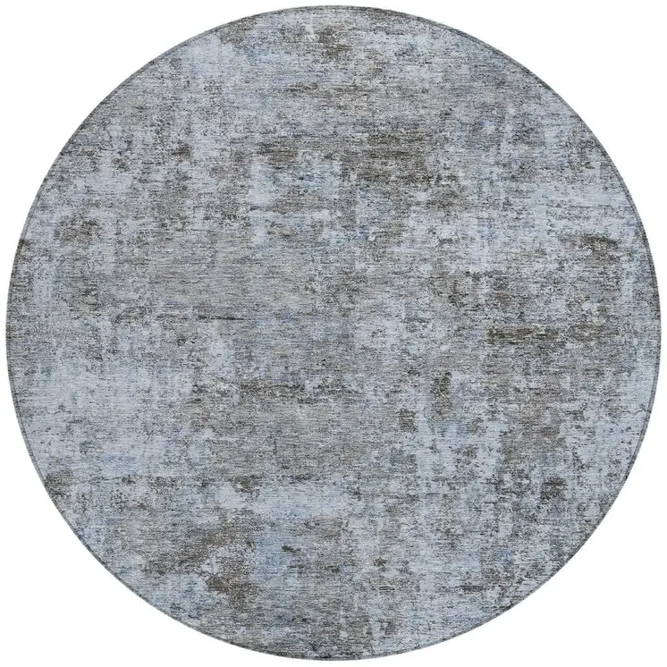 8' Blue And Taupe Round Abstract Washable Indoor Outdoor Area Rug
