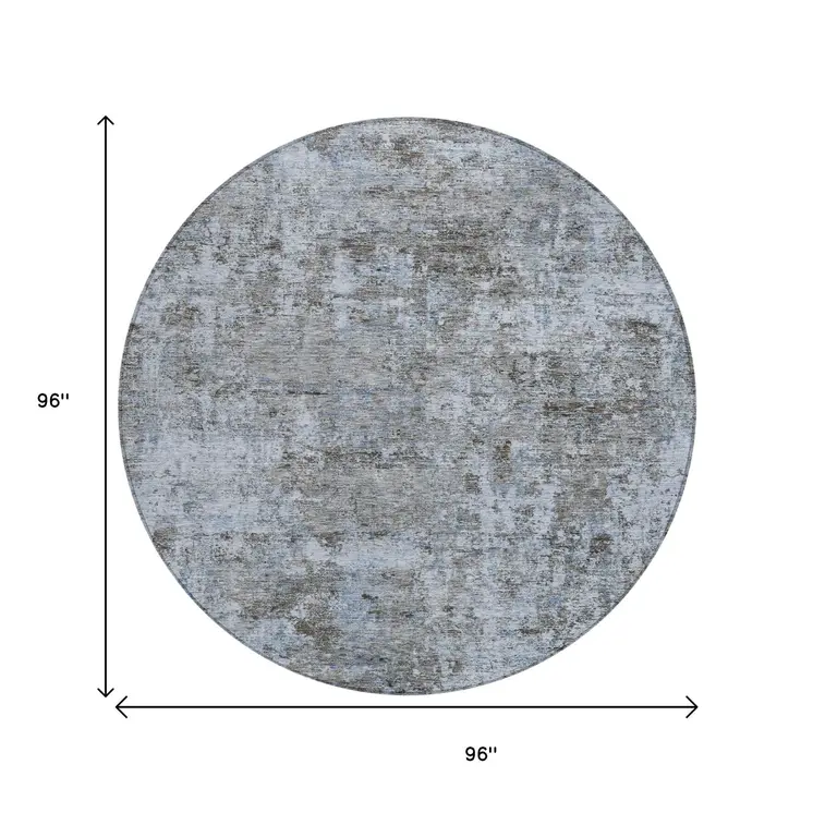 8' Blue And Taupe Round Abstract Washable Indoor Outdoor Area Rug