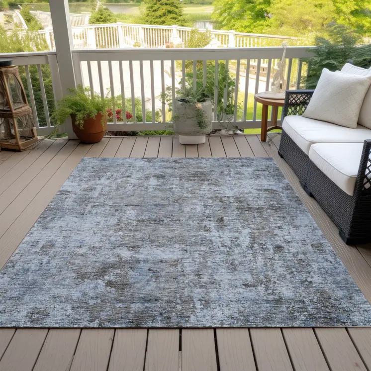 8' X 10' Blue And Taupe Abstract Washable Indoor Outdoor Area Rug